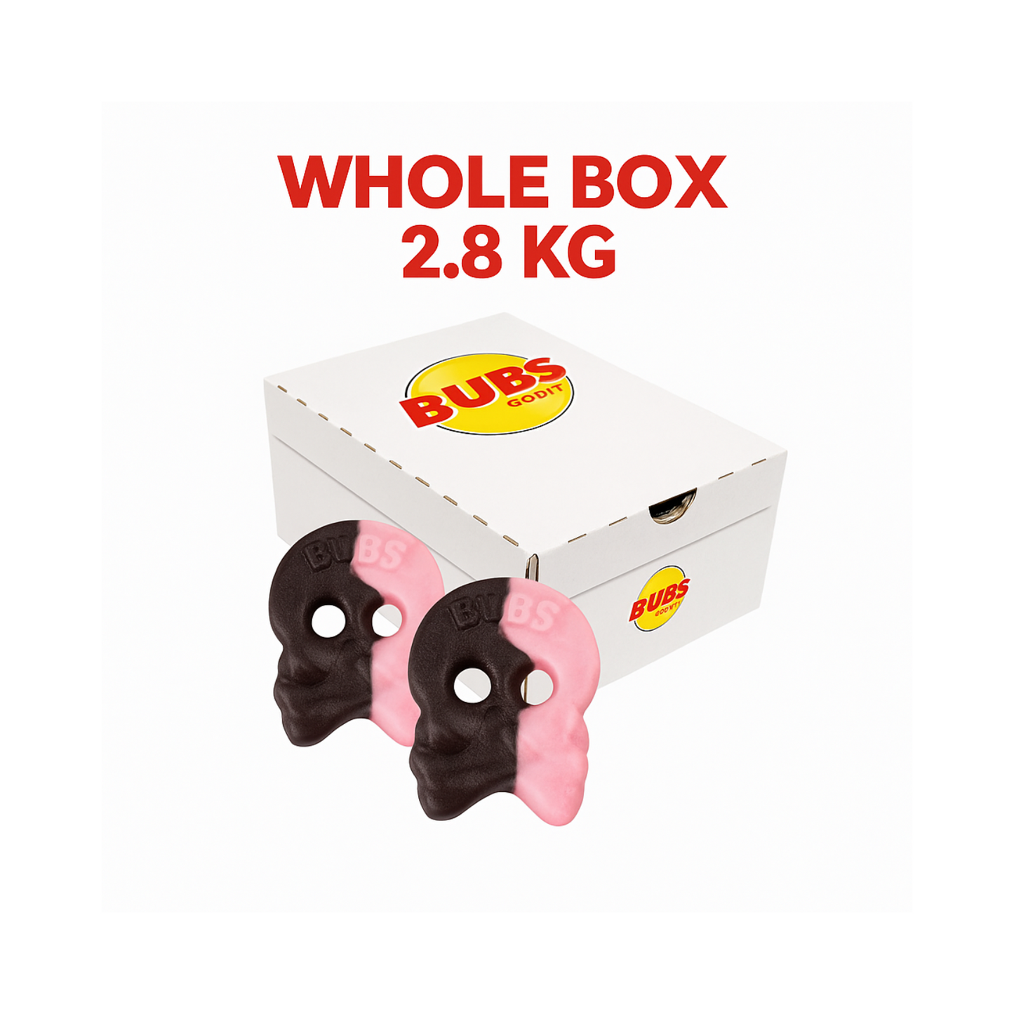 Bubs Skulls Foam Raspberry Licorice – WHOLE BOX 2.8kg – Swedish Foam Candy Bulk – Pick & Mix Scandinavian Sweets