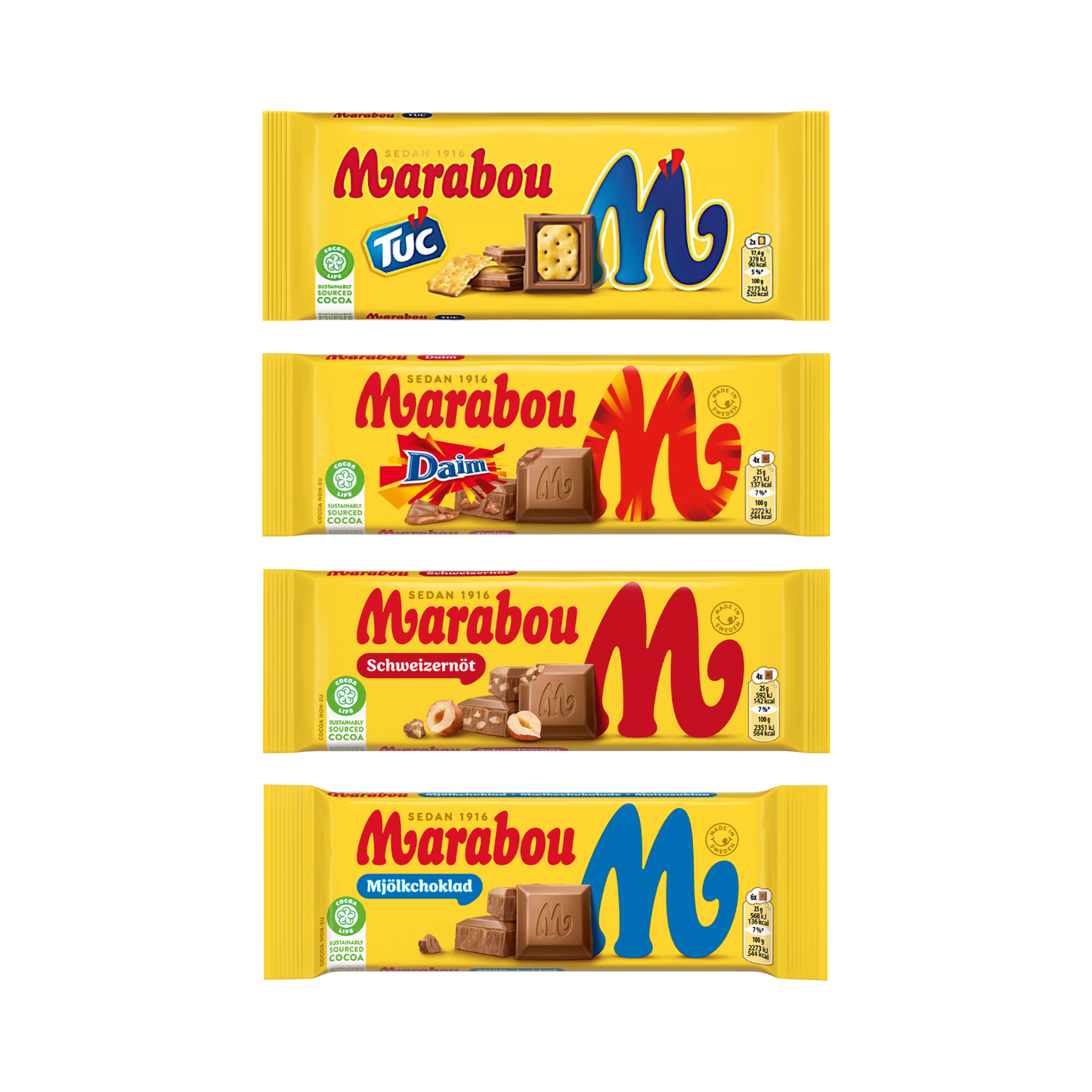 Marabou Chocolate Bundle – 4-pack 100g (Tuc, Daim, Schweizernöt, Milk Chocolate)