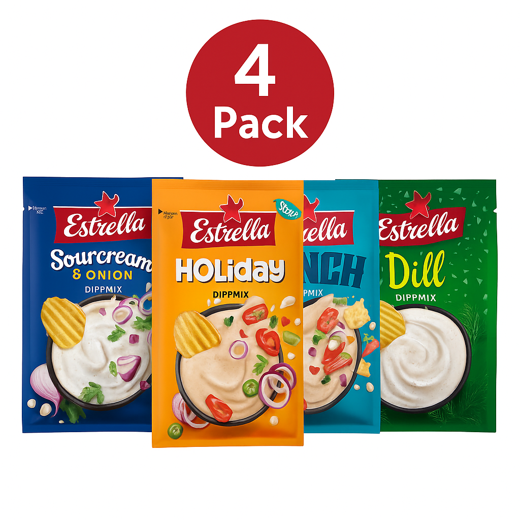 Estrella Dip Mix 4-Pack: Sourcream & Onion, Holiday, Ranch & Dill – Scandinavian Snack Bundle