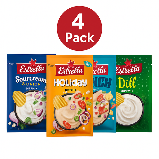 Estrella Dip Mix 4-Pack: Sourcream & Onion, Holiday, Ranch & Dill – Scandinavian Snack Bundle