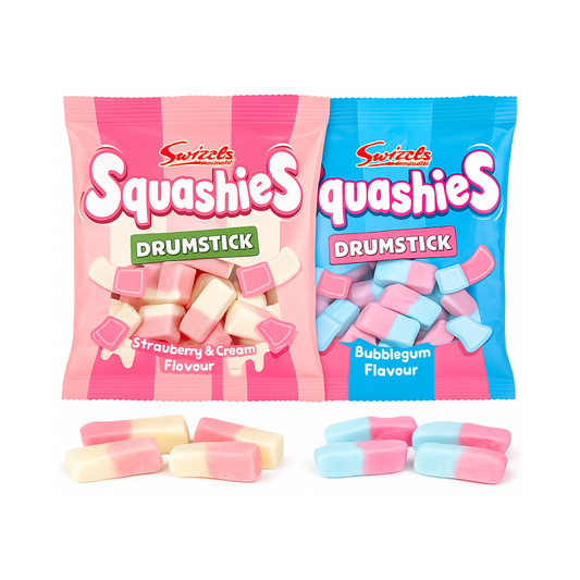 Swizzels Squashies 2-Pack Bundle – Bubblegum & Strawberry Cream Flavour – Soft Gummy Foam Candy 140g Bags