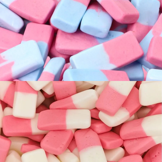Close-up of pink, blue, and beige rectangular candies.