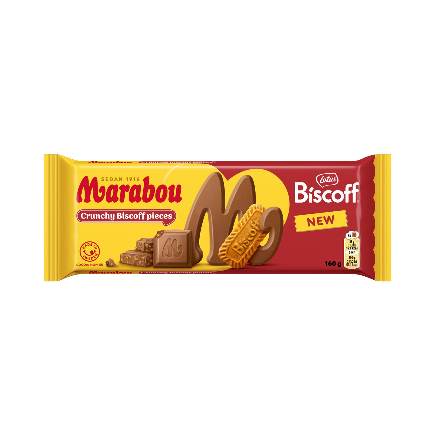 Marabou Biscoff crunchy biscuit pieces packaging on a white background